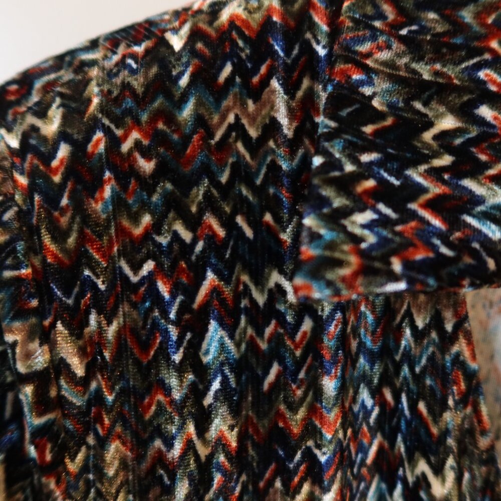 STRETCH VELVET VELOUR MAXI DRESS long faux wrap multicolor chevron print evening - Picture 5 of 11